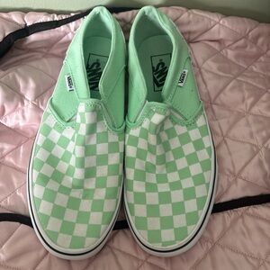 Vans Women’s Slip-On Checkerboard Sneakers in Mint Green and White